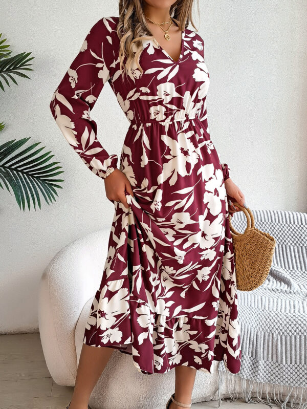 Leisure Flower Waist-controlled Long Sleeves Ruffled Dress - Image 8