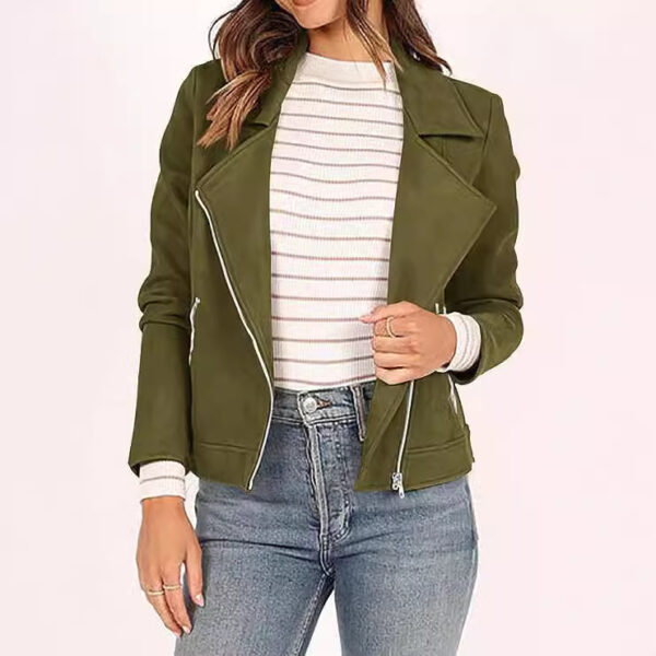 Fashion Deerskin Velvet Motorcycle Jacket Zipper Pocket Short Coat - Image 8