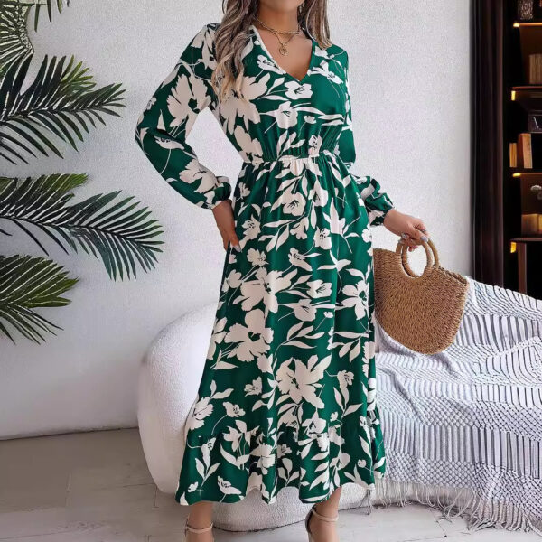 Leisure Flower Waist-controlled Long Sleeves Ruffled Dress - Image 2