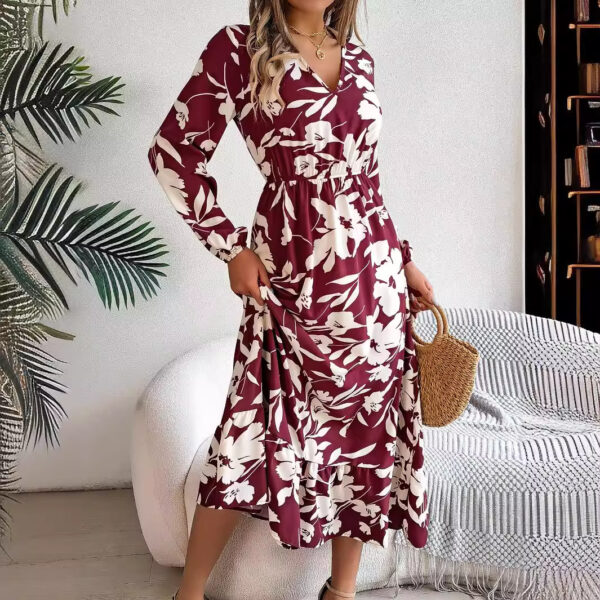 Leisure Flower Waist-controlled Long Sleeves Ruffled Dress - Image 5