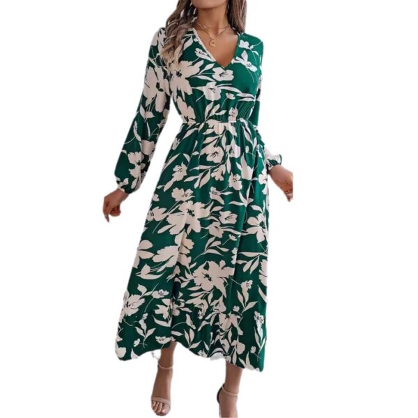 Leisure Flower Waist-controlled Long Sleeves Ruffled Dress - Image 4