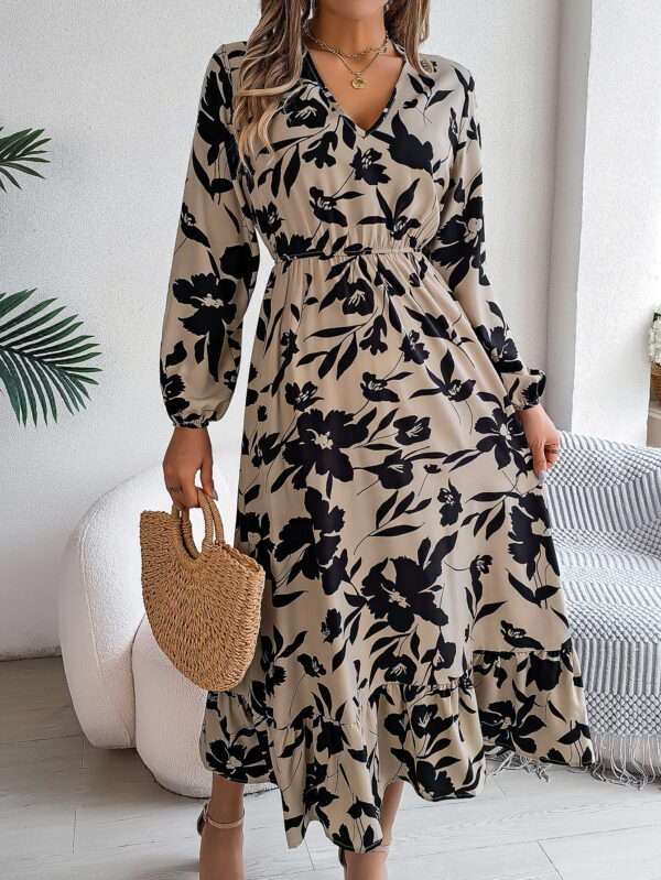 Leisure Flower Waist-controlled Long Sleeves Ruffled Dress - Image 3