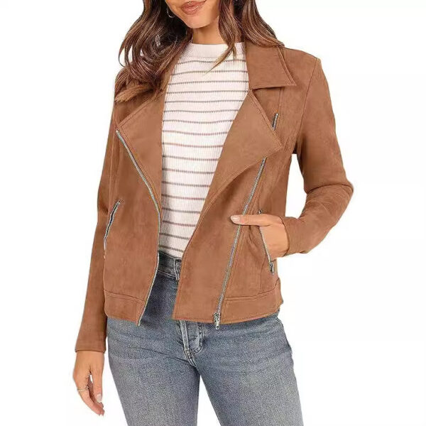 Fashion Deerskin Velvet Motorcycle Jacket Zipper Pocket Short Coat - Image 6