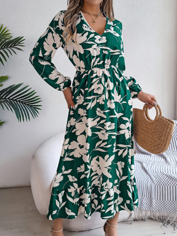 Leisure Flower Waist-controlled Long Sleeves Ruffled Dress - Image 7