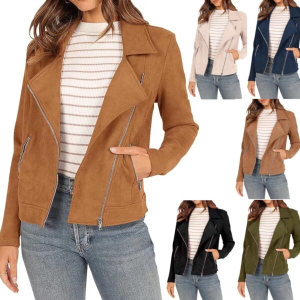 Fashion Deerskin Velvet Motorcycle Jacket Zipper Pocket Short Coat - Image 10